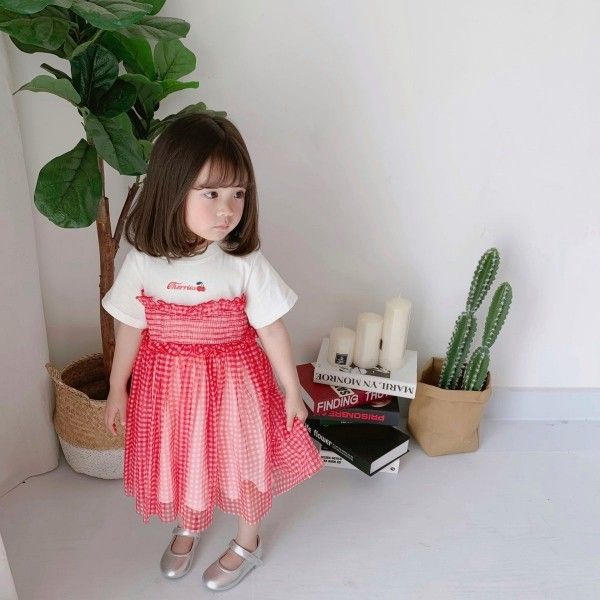 19127 summer new cherry fake 2-piece cotton jersey dress girl's dress