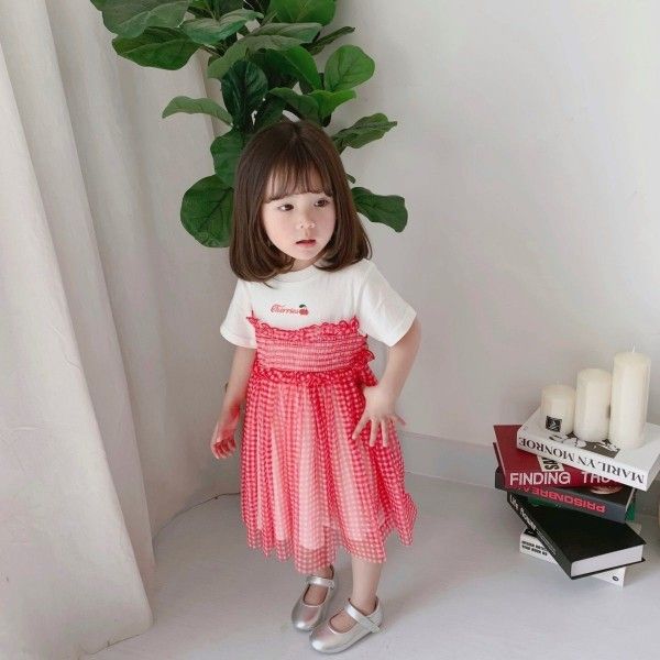 19127 summer new cherry fake 2-piece cotton jersey dress girl's dress