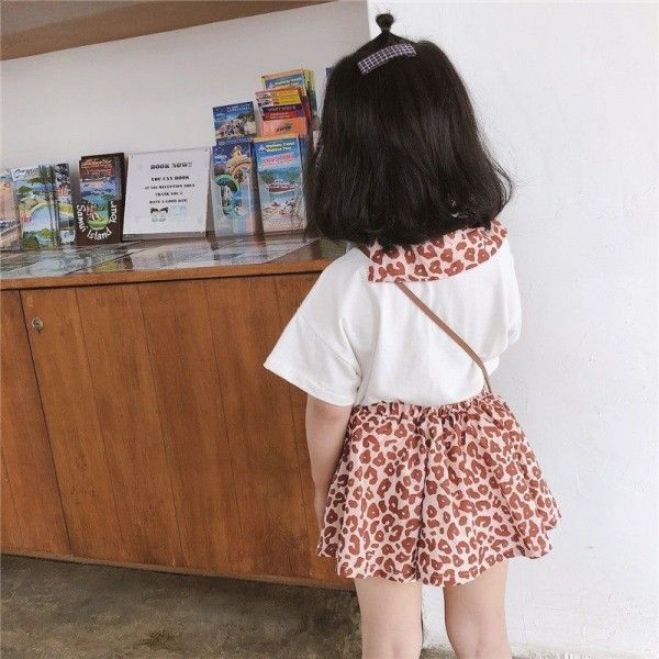 Children's caviar 2019 summer pink leopard Short Sleeve T + skirt set
