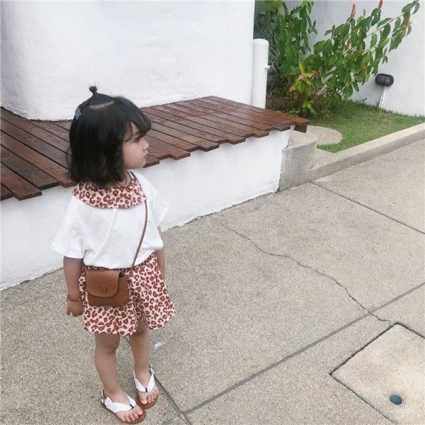 Children's caviar 2019 summer pink leopard Short Sleeve T + skirt set
