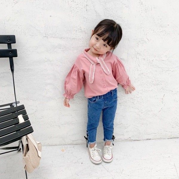 2019 caviar children's 0-5-year-old girl's jacquard embroidery collar shirt bubble sleeve cotton shirt
