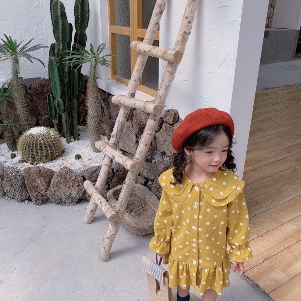 Jamini children's wear new spring and summer 2020 dot cotton Korean double Lapel lovely dot Ruffle Dress
