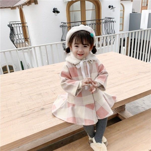 2019 caviar children's winter 1-5-year-old Plaid Cotton tweed overcoat skirt with wool collar cotton clip
