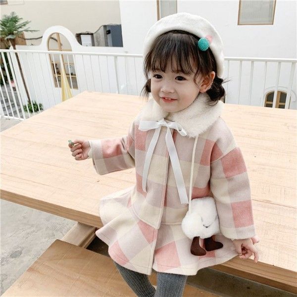 2019 caviar children's winter 1-5-year-old Plaid Cotton tweed overcoat skirt with wool collar cotton clip
