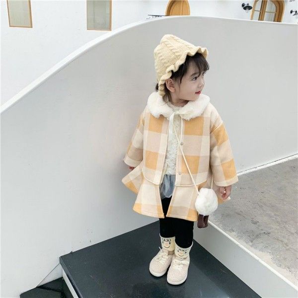 2019 caviar children's winter 1-5-year-old Plaid Cotton tweed overcoat skirt with wool collar cotton clip
