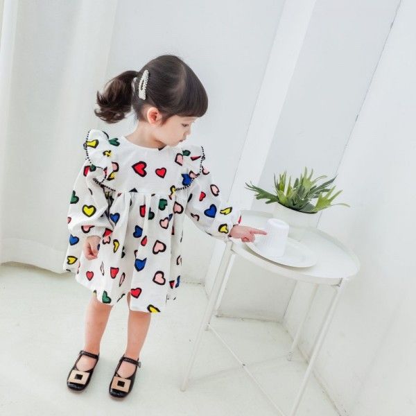 2020 jamini children's clothing spring and summer new girls' small and medium-sized children's colorful love printing lace collar dress
