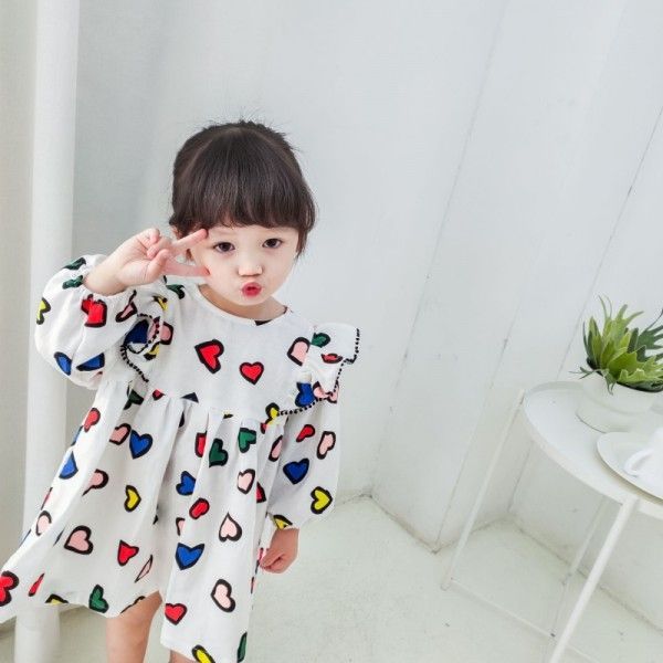 2020 jamini children's clothing spring and summer new girls' small and medium-sized children's colorful love printing lace collar dress
