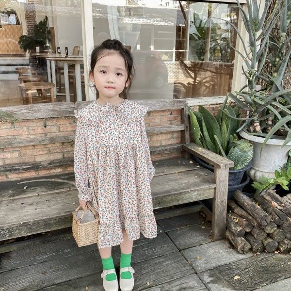 2020 spring children's new Korean girls' warm oil contrast Chiffon floral long sleeve dress with lining hair substitute