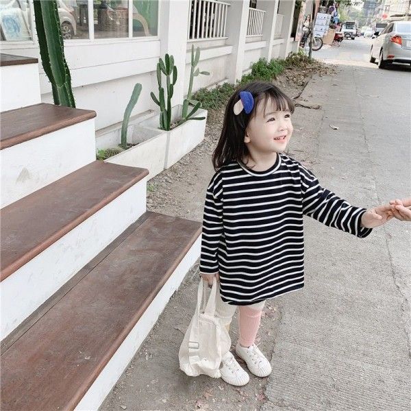 2020 spring large split long sleeve round neck long sleeve Korean pure white stripe long bottom coat