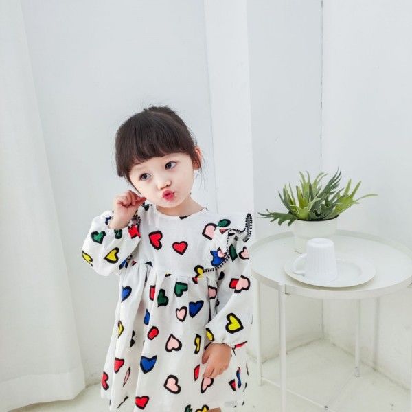 2020 jamini children's clothing spring and summer new girls' small and medium-sized children's colorful love printing lace collar dress
