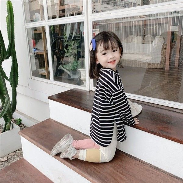 2020 spring large split long sleeve round neck long sleeve Korean pure white stripe long bottom coat