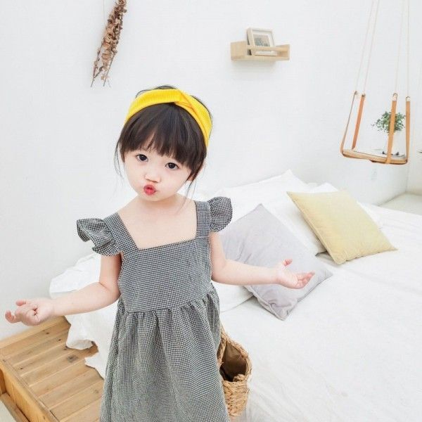 Jmn 2020 children's new spring and summer girls' Plaid Dress with flying sleeves and wood ear edge Korean skirt
