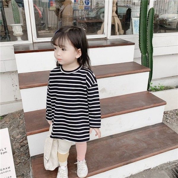 2020 spring large split long sleeve round neck long sleeve Korean pure white stripe long bottom coat