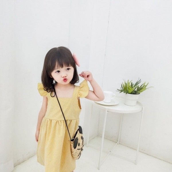 Jmn 2020 children's new spring and summer girls' Plaid Dress with flying sleeves and wood ear edge Korean skirt
