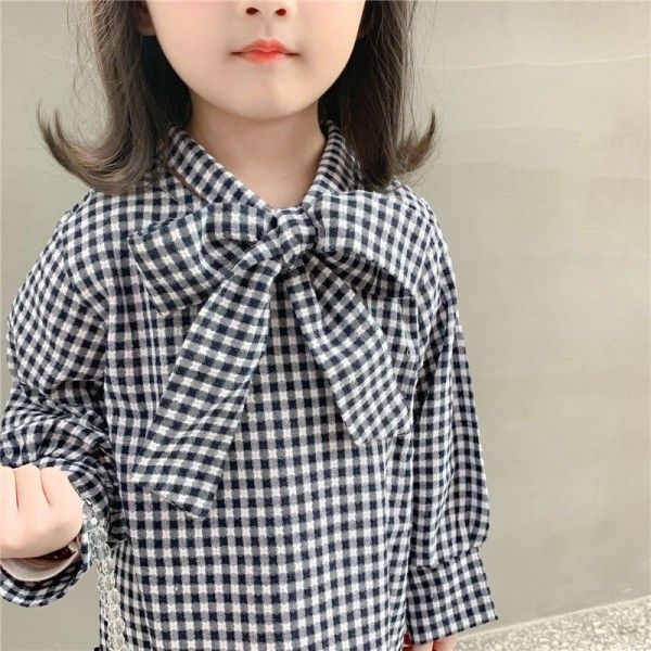 2020 spring two caviar children's pure cotton cloth big bow black and White Plaid Dress long sleeve skirt