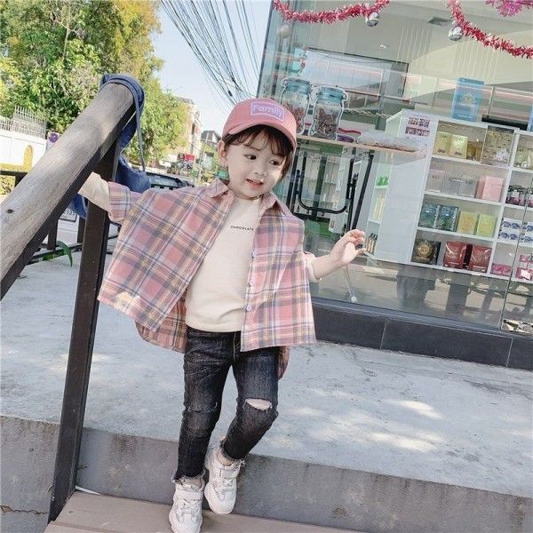 2020 spring two caviar children's wear 1-5-year-old girl baby girl long Plaid Shirt wide version bat