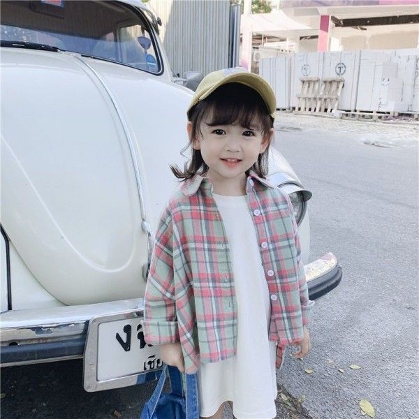 2020 spring two caviar children's wear 1-5-year-old girl baby girl long Plaid Shirt wide version bat