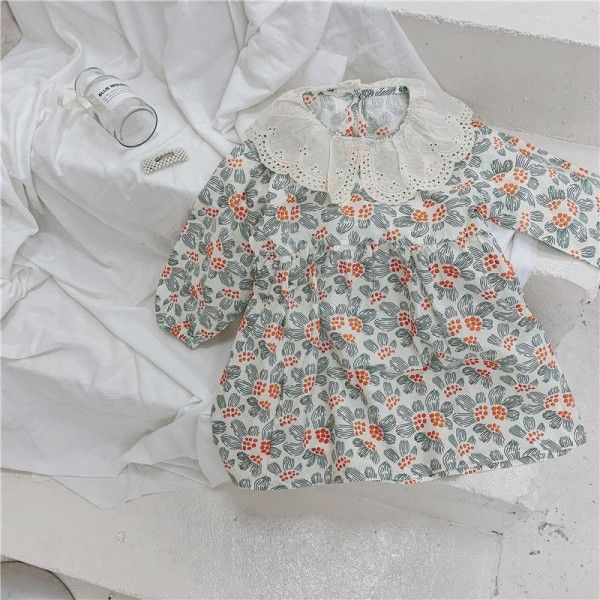 Children's caviar 2020 spring two pieces flower bud silk collar spring dress long sleeve cotton flower skirt
