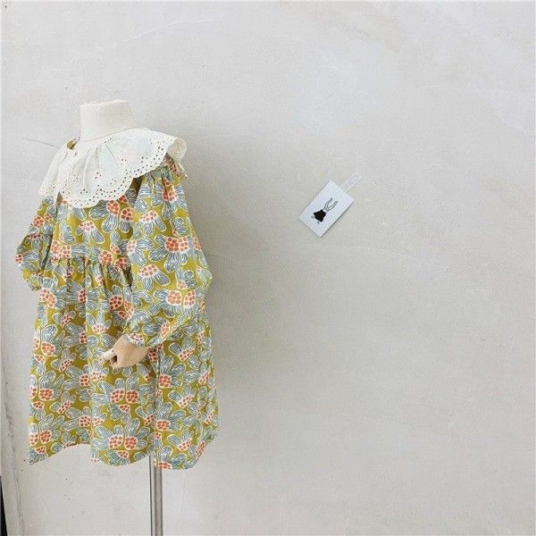 Children's caviar 2020 spring two pieces flower bud silk collar spring dress long sleeve cotton flower skirt
