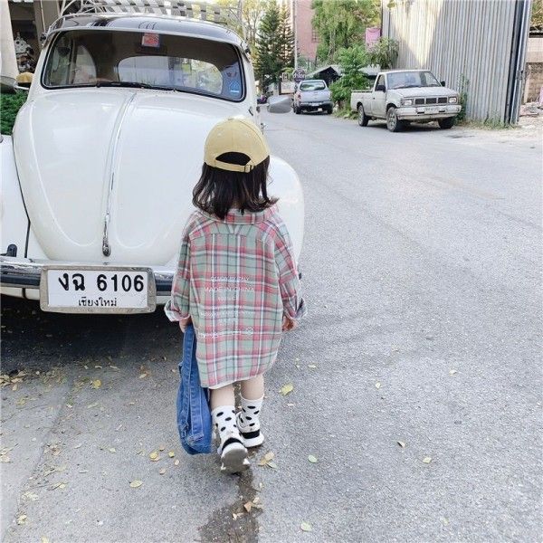 2020 spring two caviar children's wear 1-5-year-old girl baby girl long Plaid Shirt wide version bat