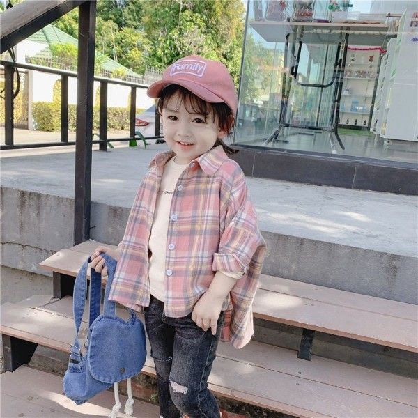 2020 spring two caviar children's wear 1-5-year-old girl baby girl long Plaid Shirt wide version bat