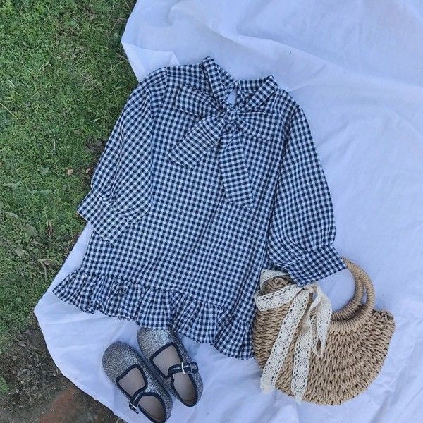 2020 spring two caviar children's pure cotton cloth big bow black and White Plaid Dress long sleeve skirt