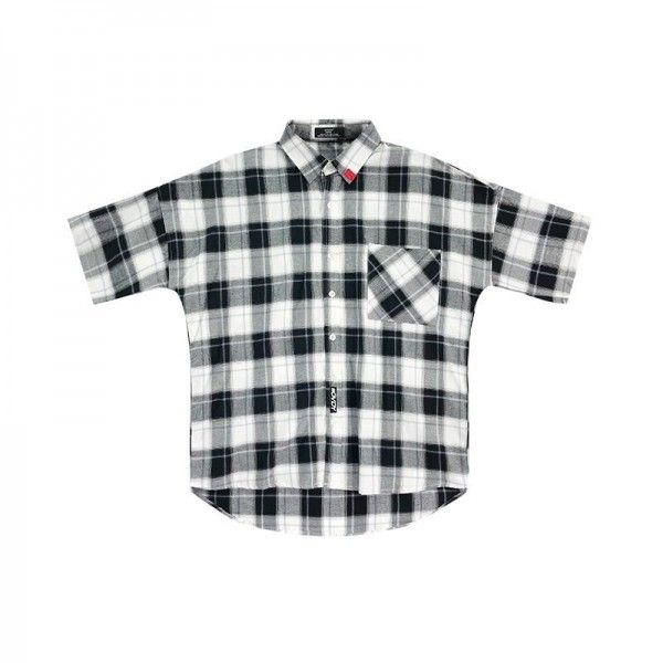 #Ovdy original national fashion Plaid Shirt Men's Short Sleeve Shirt trend falling shoulder sleeve Lapel loose casual hip hop fashion brand
