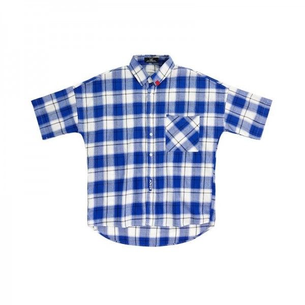 #Ovdy original national fashion Plaid Shirt Men's Short Sleeve Shirt trend falling shoulder sleeve Lapel loose casual hip hop fashion brand
