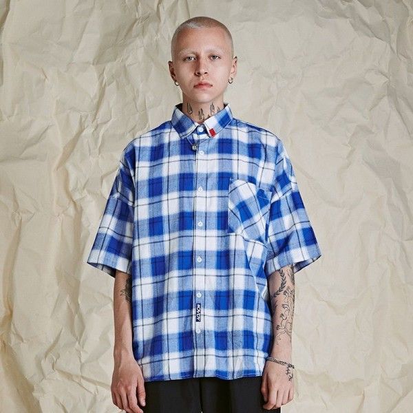 #Ovdy original national fashion Plaid Shirt Men's Short Sleeve Shirt trend falling shoulder sleeve Lapel loose casual hip hop fashion brand
