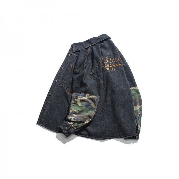 Fall 2019 new camouflage denim jacket American back letter embroidery loose Lapel coat men's fashion
