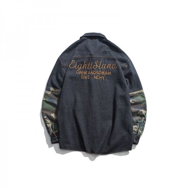 Fall 2019 new camouflage denim jacket American back letter embroidery loose Lapel coat men's fashion
