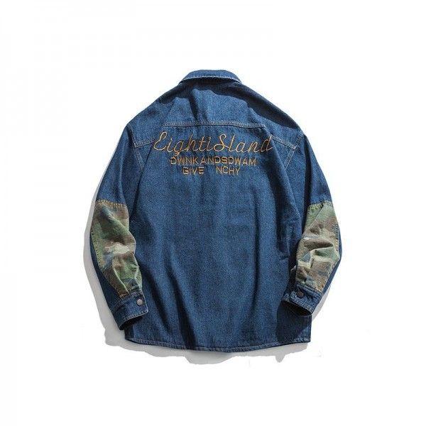 Fall 2019 new camouflage denim jacket American back letter embroidery loose Lapel coat men's fashion
