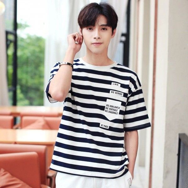 Spring and summer 2020 men's short sleeve T-shirt youth stripe T-shirt loose trend men's clothing factory direct sales
