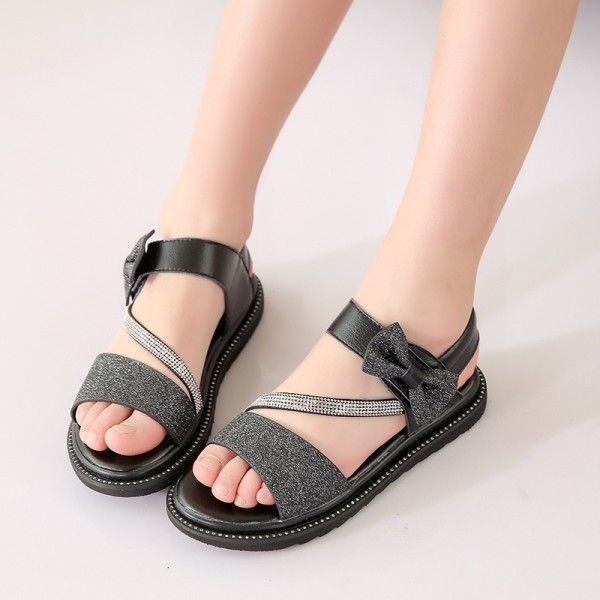 Children's leather sandals 2020 summer new Sequin flat bottom princess shoes bow Korean version versatile student shoes