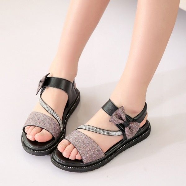 Children's leather sandals 2020 summer new Sequin flat bottom princess shoes bow Korean version versatile student shoes