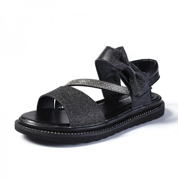 Children's leather sandals 2020 summer new Sequin flat bottom princess shoes bow Korean version versatile student shoes