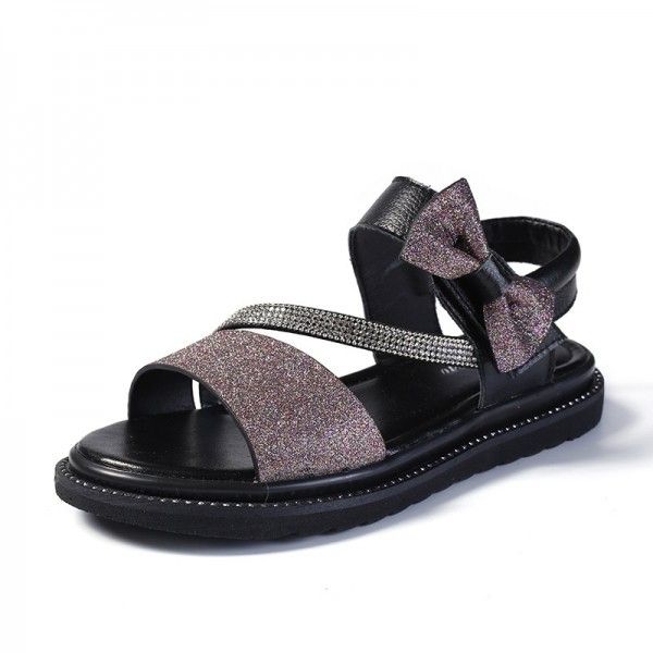 Children's leather sandals 2020 summer new Sequin flat bottom princess shoes bow Korean version versatile student shoes