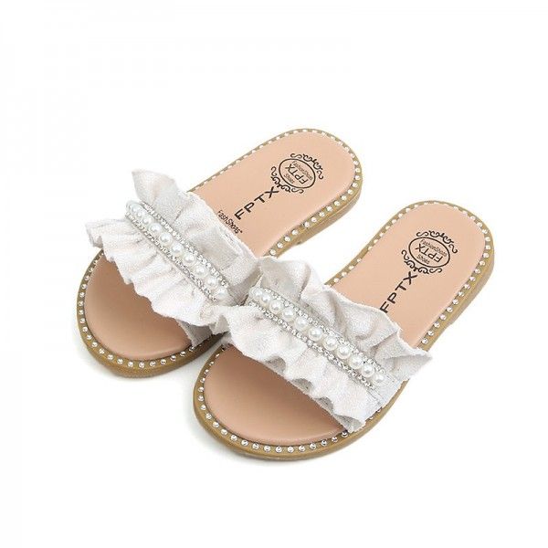 2020 summer new children's slippers Korean pearl girl cool drag soft bottom lace women's shoes antiskid wholesale
