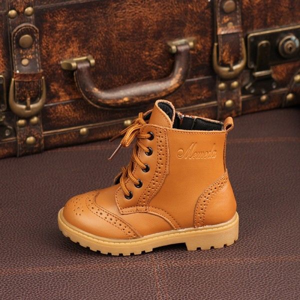 Autumn and winter children's leather Martin boots boys' and girls' boots cotton shoes middle and large children's England baby soft sole leather boots
