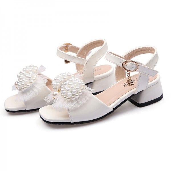 203 children's shoes girl's sandals 2020 summer new bright leather pearl bow thick heel princess shoes manufacturer wholesale
