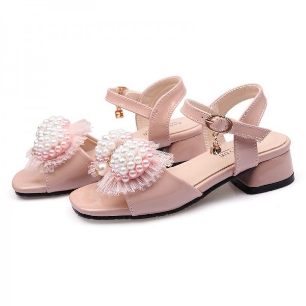 203 children's shoes girl's sandals 2020 summer new bright leather pearl bow thick heel princess shoes manufacturer wholesale
