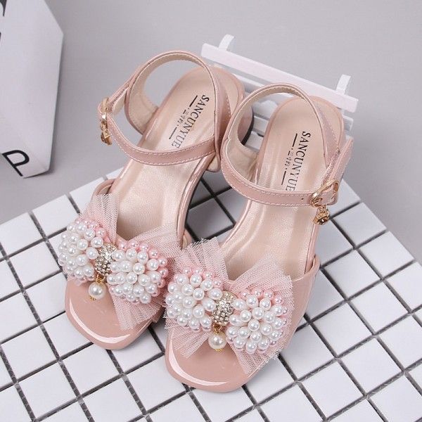 203 children's shoes girl's sandals 2020 summer new bright leather pearl bow thick heel princess shoes manufacturer wholesale

