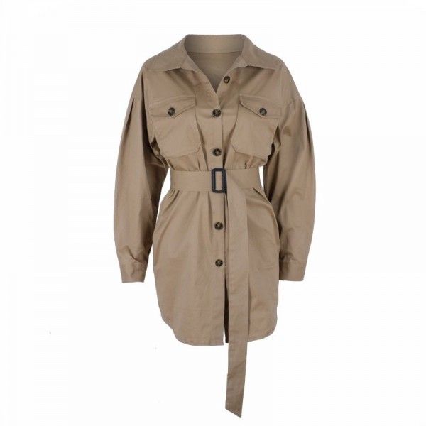 2020 spring foreign trade European and American women's new fashion waist long sleeve dress casual windbreaker coat women's hair
