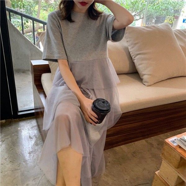 South Korea spring and summer 2020 new women's wear South Korea short sleeve splicing mesh irregular cake dress
