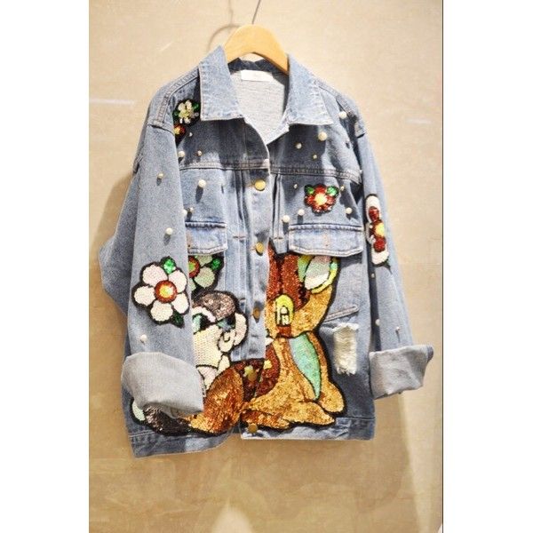 East Gate, South Korea 2020 spring and autumn women's Korean version of Baita netherred design sense cartoon Sequin sticker denim coat
