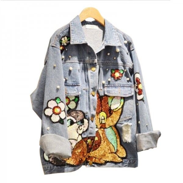 East Gate, South Korea 2020 spring and autumn women's Korean version of Baita netherred design sense cartoon Sequin sticker denim coat
