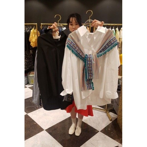 South Korea East Gate 2020 spring and Autumn New Women's clothing Korean loose splicing ethnic style tie loose shirt fashion
