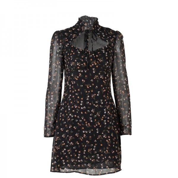 2020 spring women's new European and American nightclub French Chiffon floral bandage hollow Sexy Long Sleeve Dress
