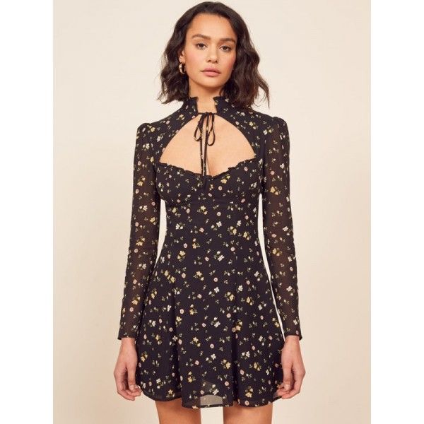 2020 spring women's new European and American nightclub French Chiffon floral bandage hollow Sexy Long Sleeve Dress
