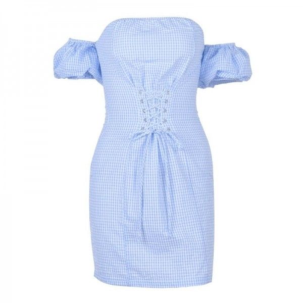Blue Plaid beach skirt 2020 new fresh temperament lace up French style one neck dress summer wrap chest
